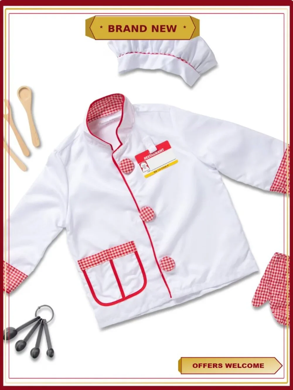 Chef Role Play Costume Set with Accessories, Kids Pretend Play Dress-Up, Ages
